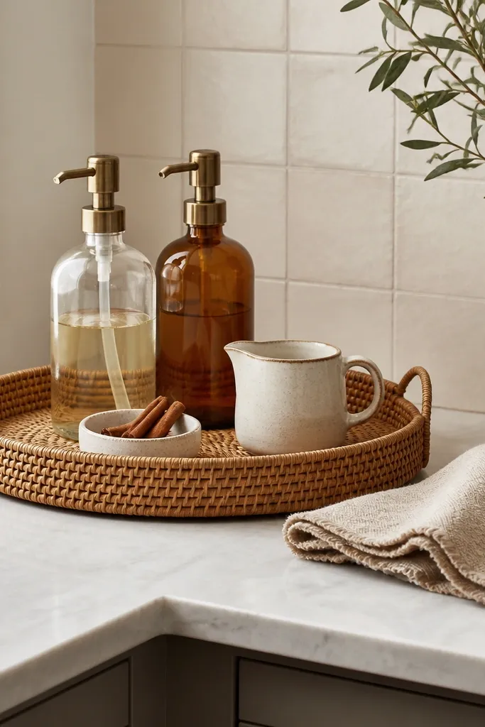 A corner counter with a large rattan tray. On the tray are two glass pump bottles in clear and amber tones, a ceramic creamer, and a small dish for cinnamon. A beige linen towel sits folded beside the tray.