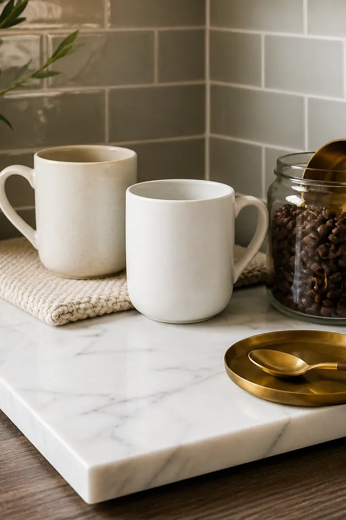 A white faux marble board sits in a kitchen corner. A brass spoon rest holds a small spoon. Two white ceramic mugs rest on a cream mat, and a brass scoop sits in a jar of coffee beans.