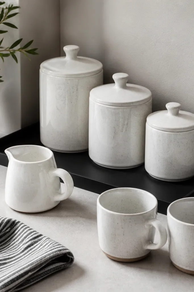 A black rectangular tray sits in the corner. Three white canisters with speckled glaze sit on the tray. A small white ceramic creamer and two mugs sit nearby, with a black and white striped cloth folded at the side.