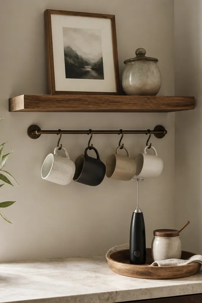 A small wall shelf mounted above a corner counter. A mug rail runs along the wall below the shelf. On the shelf are a small framed print and a ceramic jar; on the counter is a tray with a frother and sugar jar.