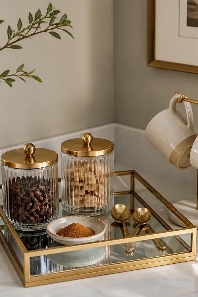 A corner coffee bar with a mirrored tray that has a gold frame. On the tray are two gold-rimmed glass jars, a small dish of cinnamon, and two coffee spoons. Two mugs sit on a small stand beside the tray.