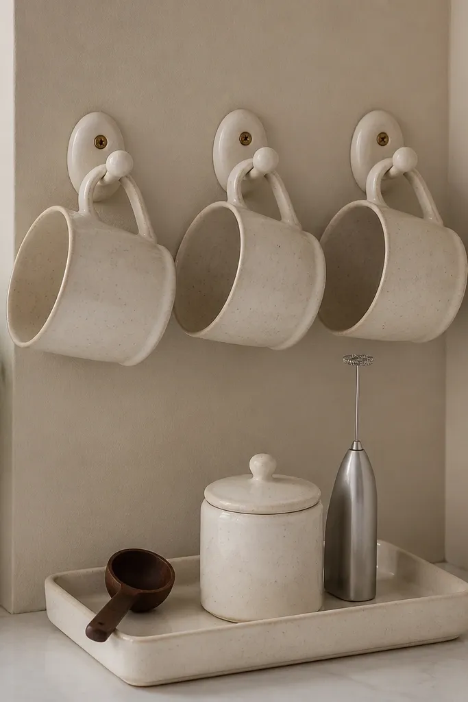 A corner wall with three ceramic hooks in a cream finish. Four matching mugs hang from the hooks. Below the hooks, a small tray holds a coffee scoop, a sugar jar, and a milk frother.
