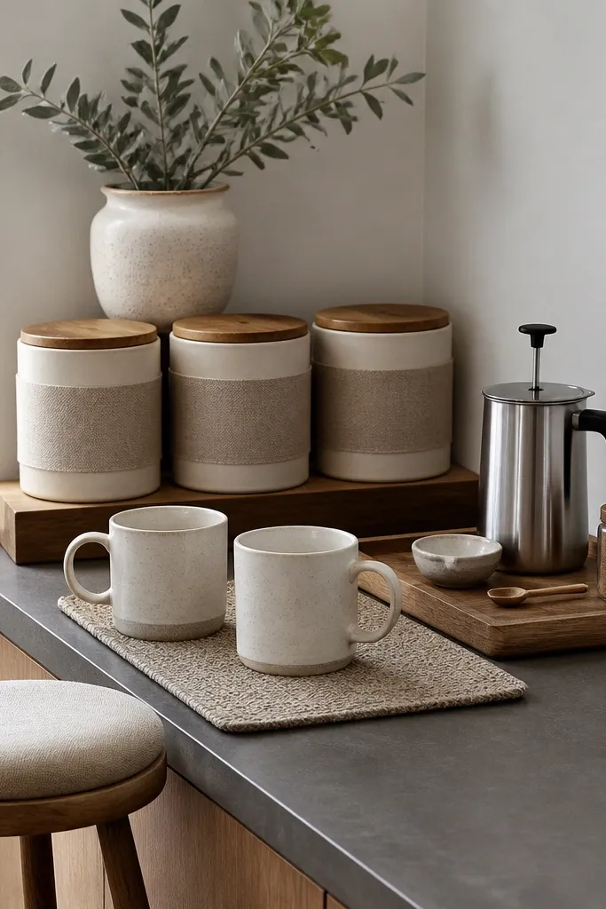 A corner coffee bar with three canisters wrapped in linen bands. A small round stool sits beside the setup. A tray holds a frother, a spoon rest, and a small jar of cinnamon. Two mugs sit on a small mat.