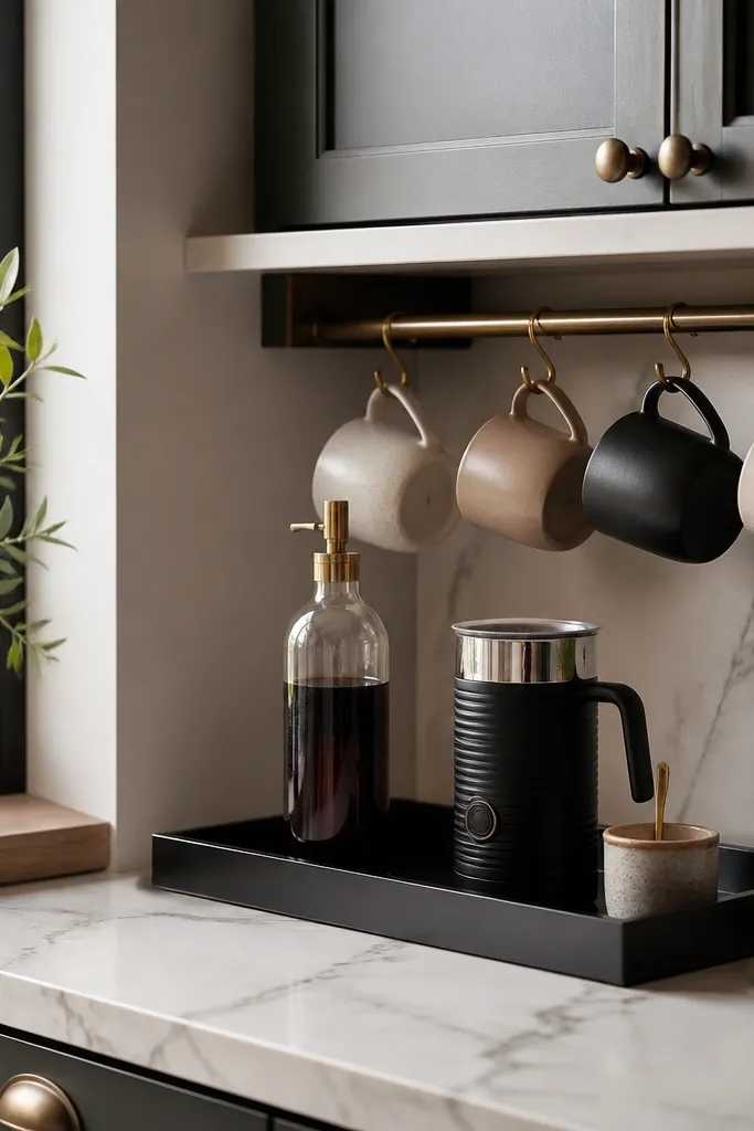 A kitchen corner with a small under-cabinet shelf. A black tray sits on the counter below. A syrup bottle stands upright, a frother sits on the tray, and mugs hang from a rail above the tray.