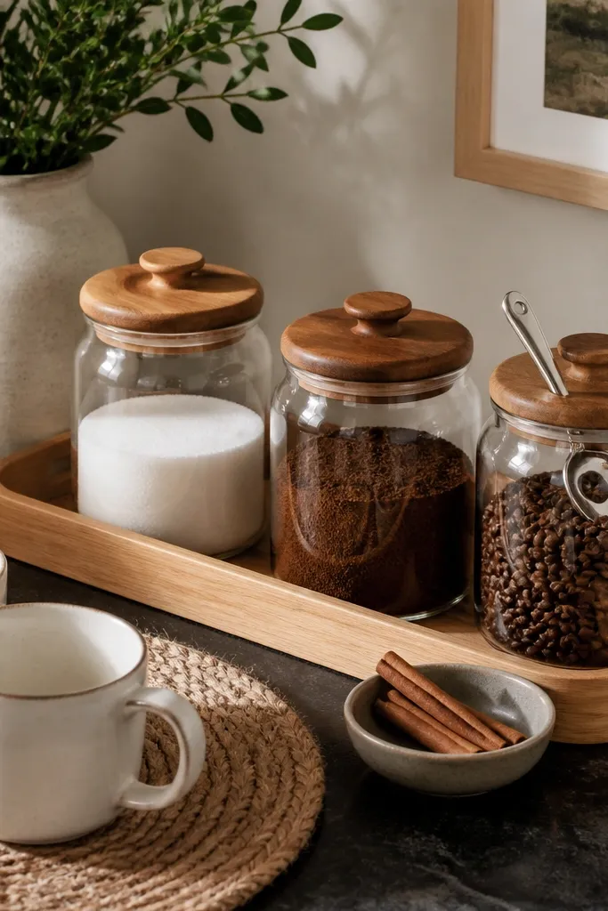 A corner coffee bar with three apothecary jars with wooden lids. The jars sit on a light wood tray. A metal scoop rests in the coffee jar, and a small dish holds cinnamon sticks. Two white mugs sit on a woven mat.