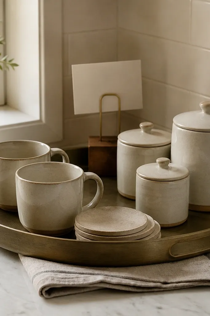 A large tray in a kitchen corner. Under the tray is a folded linen napkin. On top are coasters, two mugs, and a small set of ceramic canisters. A small card holder sits behind the jars.