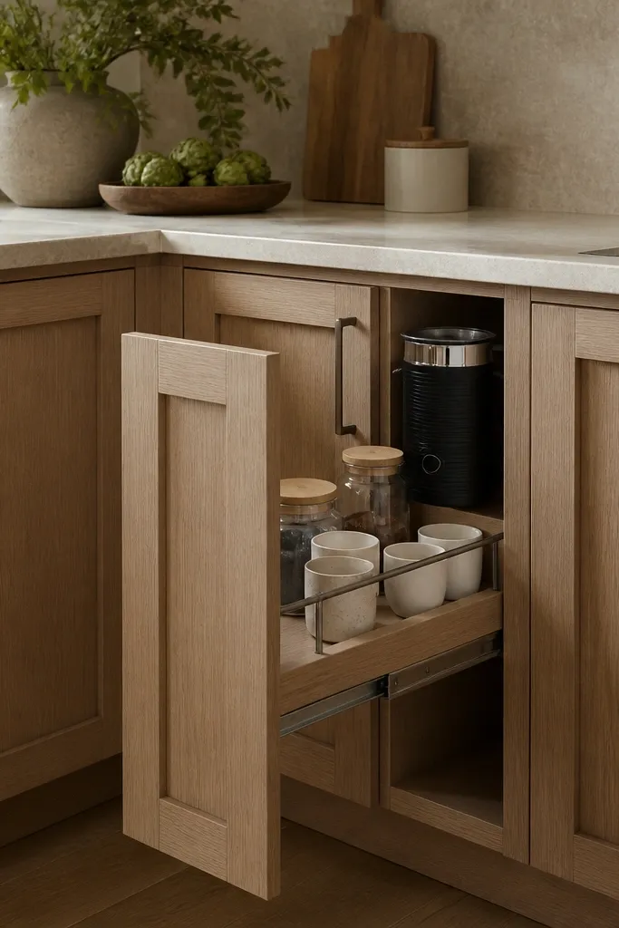 A kitchen corner cabinet with a pull-out shelf. When pulled out, it shows a tray with jars, a frother, and cups stored behind a small lip. The cabinet front is closed most of the time.