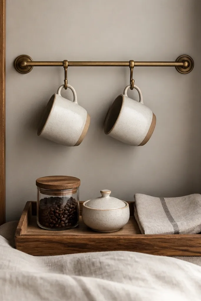 A narrow bedroom wall has a simple towel bar mounted horizontally. Two mugs hang evenly from small hooks attached under the bar. Below them sits a shallow wooden tray holding a small jar of coffee, a sugar bowl, and a folded linen napkin.