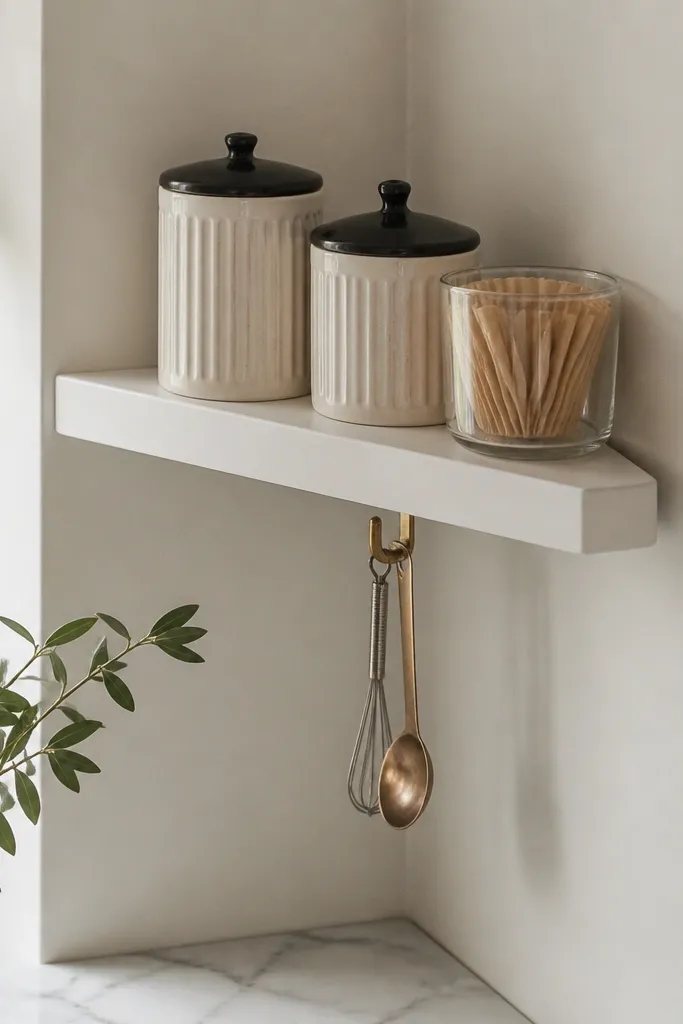 A small corner has a white floating shelf mounted diagonally. On the shelf are two matching ceramic canisters with black lids and a short glass jar of coffee filters. Under the shelf, a tiny brass hook holds a spoon and a mini whisk.