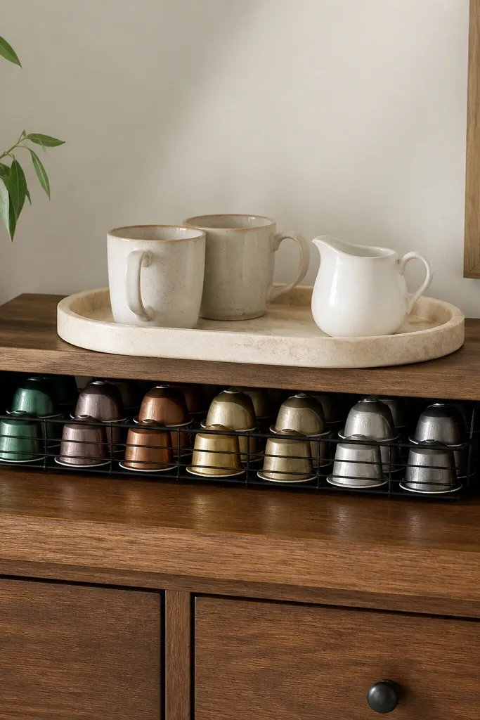 A small wood shelf sits on a dresser. Under the shelf edge, a black wire basket holds neatly stacked coffee pods in a grid. On the top surface, a tray with mugs and a creamer pitcher is centered.