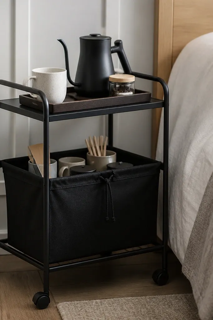 A slim black rolling cart with two shelves fits beside a bed. The top shelf holds a tray, a kettle, and a small jar. The bottom shelf has a removable fabric bin with a drawstring, hiding extra cups and stir sticks.