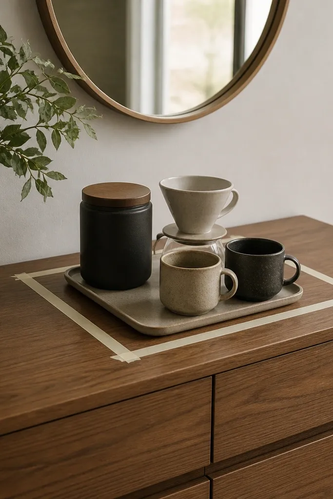 A bedroom dresser top has a rectangle of beige masking tape taped down as a guide. Inside the tape are a small tray, a coffee canister, a mini pour-over dripper, and a couple of mugs. The rest of the dresser is clear.