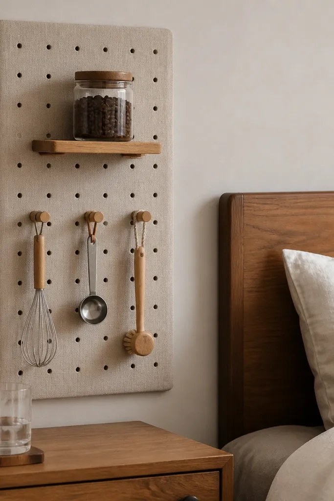 A pegboard panel is mounted behind or beside a nightstand. A mini shelf holds a coffee jar. Peg hooks hold a whisk, measuring spoon, and small brush. A small drop cloth or linen panel covers the back for a softer look.