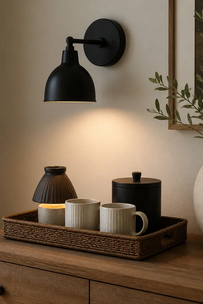 A matte black plug-in wall sconce is mounted above a small coffee tray on a dresser. The sconce points down toward the tray. A timer plug is hidden behind the dresser, and the tray holds a small lamp-like warmer, mugs, and a canister.
