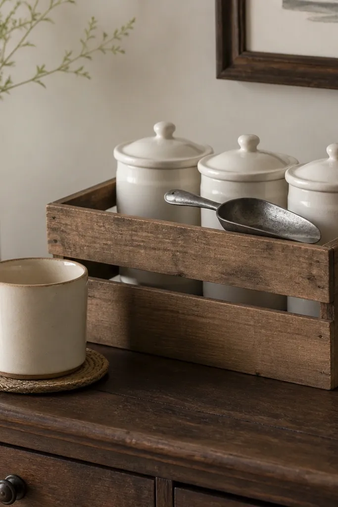 A small wooden milk crate sits on a dresser. Inside are three white lidded containers holding coffee, sugar, and filters. A single tin scoop rests on top. A cream mug sits in front on a coaster.