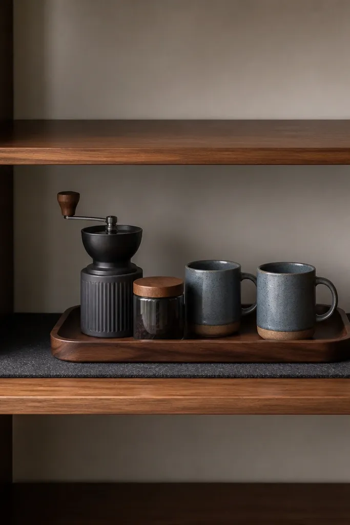 A bookshelf has a level shelf with a flat felt spill mat. A large tray sits centered on the mat. On the tray are a coffee grinder, a small jar, and two mugs. The shelf around it is mostly empty.