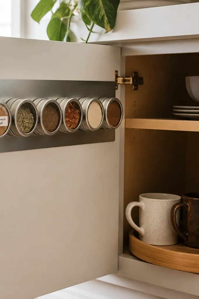 A small metal board is mounted inside a cabinet door. Several magnetic spice tins are lined up. One tin is labeled with a handwritten tag for cinnamon sugar. A tray on the shelf holds mugs and coffee jar.