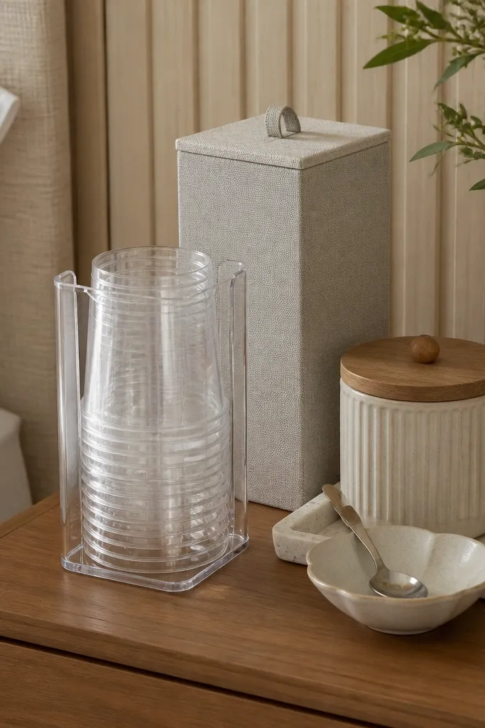 A clear acrylic cup holder sits on a nightstand. Behind it, a slim fabric storage box hides spare cups. The coffee corner has a small canister and a spoon rest on a tray.