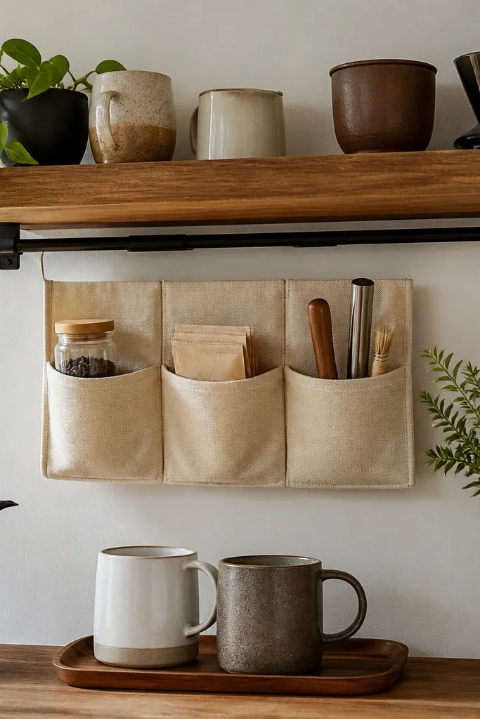 A tension rod is placed under a floating shelf. A hanging organizer pocket system holds a small jar, filter packets, and a few tools. Mugs sit on a small tray below.