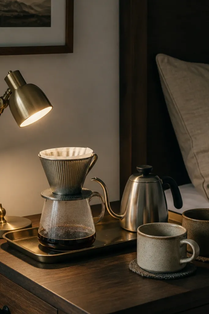 A small brass desk lamp sits on a bedside table, aimed at a heat-safe metal tray. A pour-over dripper rests on the tray with a gooseneck kettle nearby. Two mugs sit on coasters.