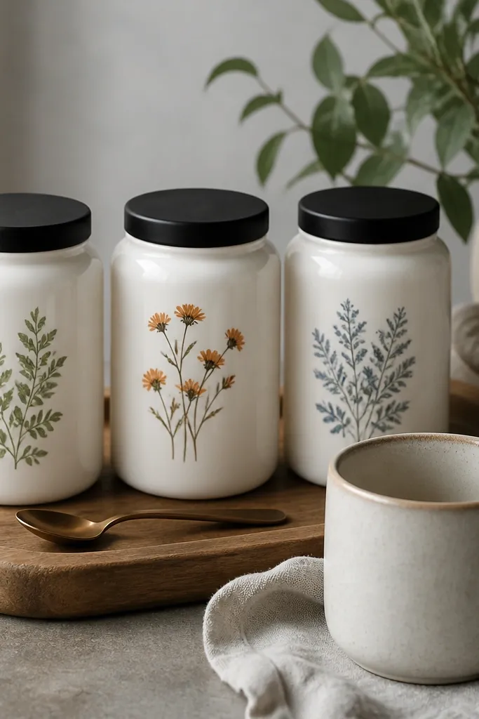 Three milk glass jars sit on a tray. Each jar has a different label, but they share one style of lid in matte black. A small spoon rests beside the jars, and a single mug sits in front.