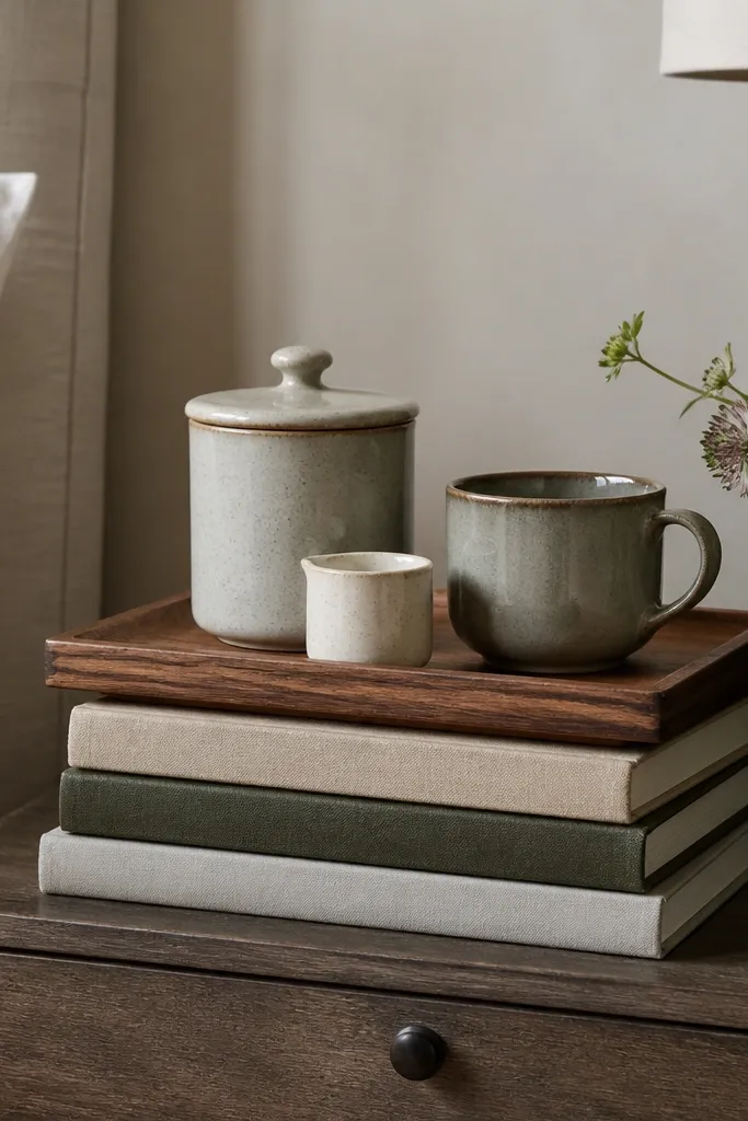 A small stack of hardcover books sits on a nightstand. A wooden tray rests on top of the books. On the tray are a lidded coffee canister, a tiny creamer, and a mug.