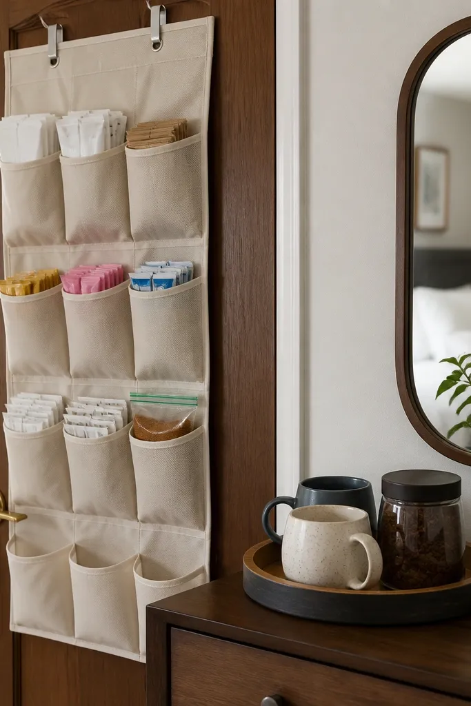 A hanging fabric shoe organizer is mounted behind a bedroom door. Several pockets hold filter packets, sweetener sachets, and a small bag of cinnamon. A small tray on a dresser holds mugs and a coffee jar.