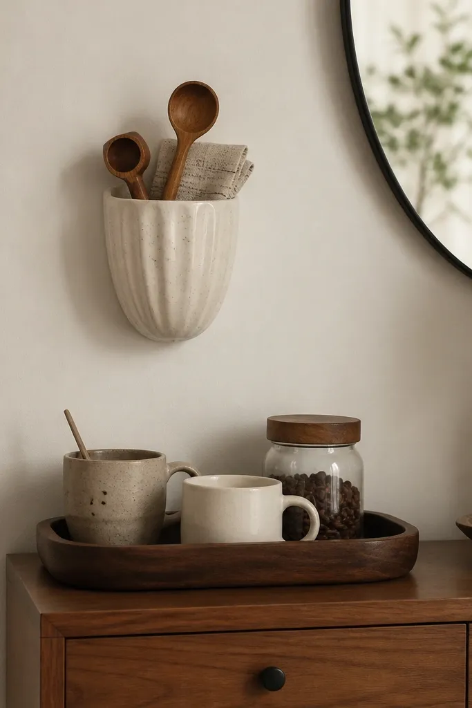 A small ceramic wall planter is mounted on a wall near a dresser. It's repurposed as a coffee caddy holding a wooden spoon, a small scoop, and a folded cloth. A tray below holds mugs and a jar.
