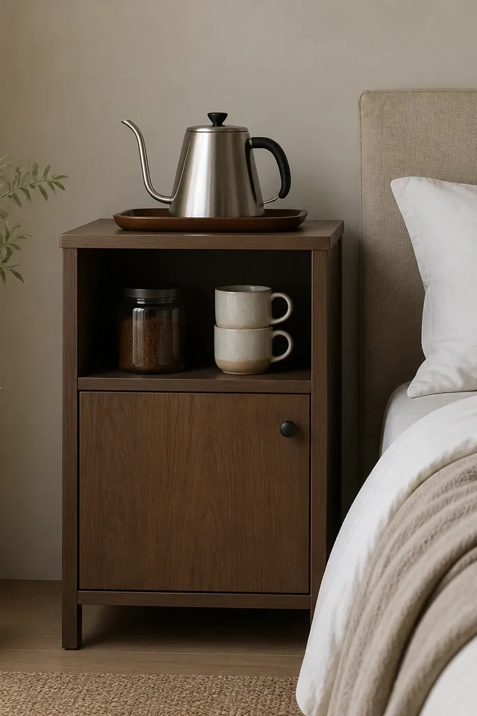A small cabinet with a door stands next to a bed. The door is closed, and inside there's one open shelf. On the open shelf is a coffee jar and a stack of mugs. The top surface has a tray with a kettle.
