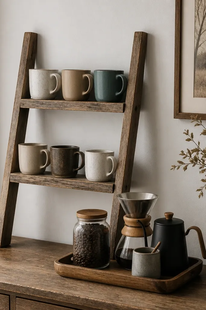 A small reclaimed wood ladder shelf leans against the wall. Two steps hold mugs in a neat row. The rest of the coffee items sit on a small tray on a nearby dresser surface.