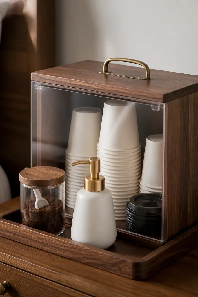 A lidded wooden tray sits on a bedside table. Inside are to-go cups stacked upright. A small canister with coffee grounds and a pump creamer sit on the outside tray surface. The lid keeps everything dust-free.