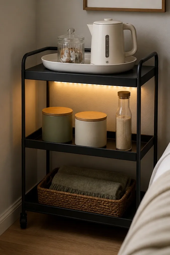 A narrow black metal bar cart tucked into a bedroom corner with three shelves. Warm white LED strip lights run along the underside of the top shelf. On top sits a white ceramic tray with a glass canister and a small electric kettle. Lower shelves hold two labeled lidded tins and a tall bottle for sweetener.