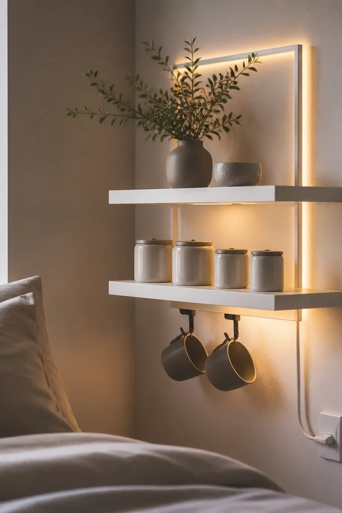 Two white floating shelves in a bedroom corner. The back wall has a thin backlit picture frame panel glowing warm yellow behind the shelves. Small matte black hooks hold two mugs, and a row of ceramic canisters sits on the lower shelf. A slim wall outlet with a tidy cable feeds the frame and a small under-shelf light.
