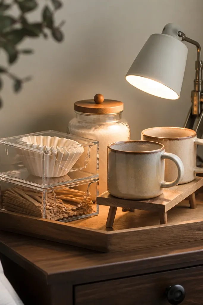 A wooden corner countertop tray sits on a nightstand. On the tray is a small plug-in clip lamp with a warm bulb aimed at the center. A clear stacking drawer organizer holds filters and stir sticks. Two ceramic mugs sit on a mini riser, and a glass jar for sugar stands at the back edge.