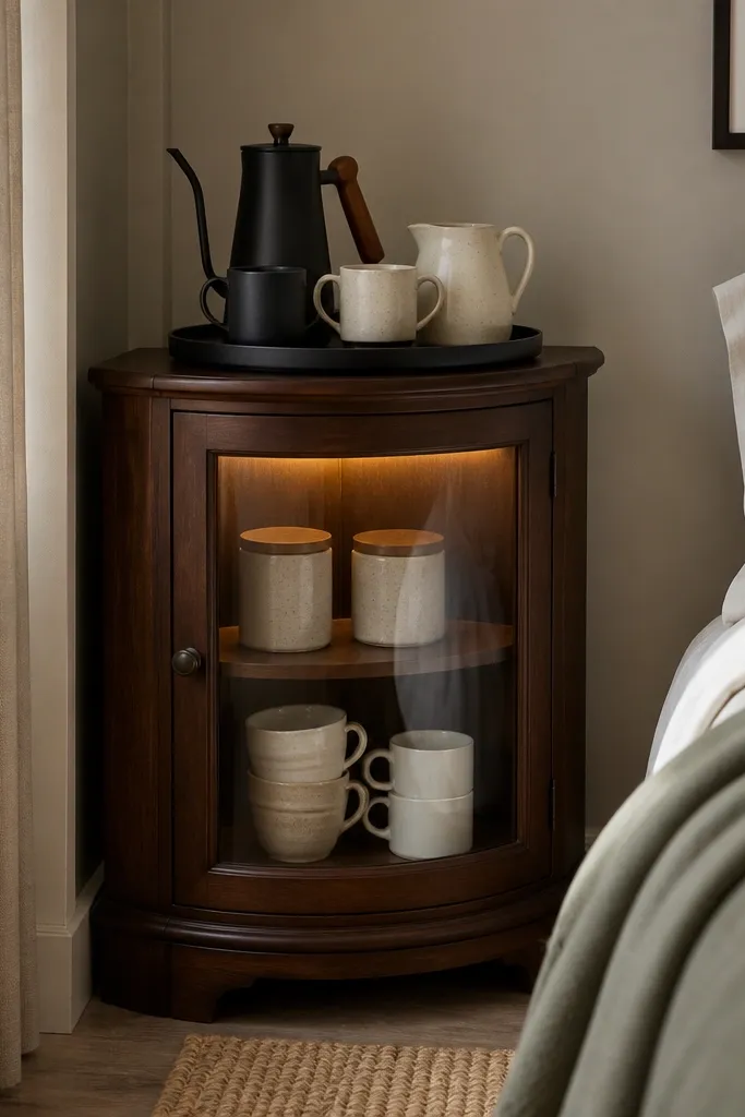 A small corner cabinet with a glass door sits near a bed. Inside, a warm LED strip runs along the top inside edge of the cabinet. On the cabinet top is a black tray holding a kettle, mugs, and a ceramic creamer. Inside the glass door are two labeled canisters and a stack of cups.