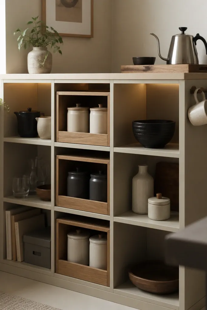 A corner built from a grid shelf unit with open compartments. Some compartments are lined with fitted wood inserts holding canisters. A warm LED strip runs along the underside of a top panel inside the unit. A small tray with a kettle sits on top, and mugs hang from a side rail.