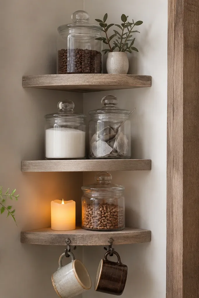 A corner shelf made from light weathered wood with three tiers. Clear glass apothecary jars hold beans, sugar, and tea bags. A small battery LED candle sits on the bottom shelf, glowing warm amber. Two mismatched mugs hang from small hooks, and a tiny metal scoop rests in a jar.