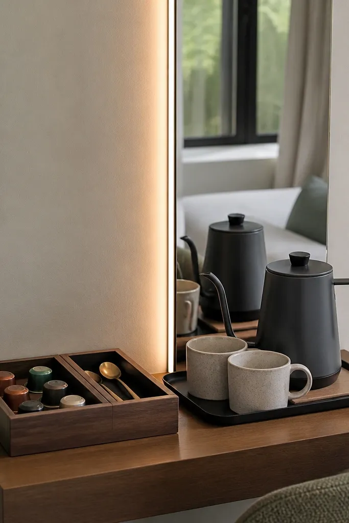 A corner station built on a small desk surface. A vertical mirror panel on the back wall has a thin LED strip along its edge. A slim drawer organizer sits on the desk with a section for pods and a section for spoons. A tray holds a stovetop kettle and a mug pair.