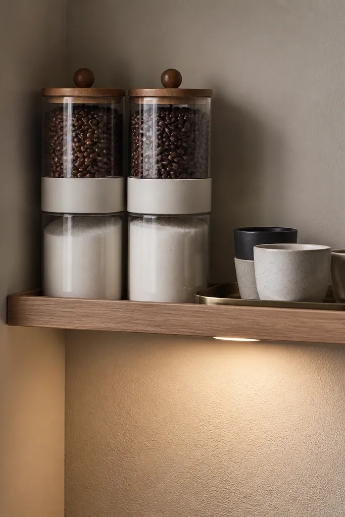 A narrow ledge shelf in a corner with a slight lip. Under the lip, a slim LED puck light is mounted with the cord tucked into a cable channel. On the ledge are two-tier canisters with a top section for beans and a bottom section for sugar. A small metal tray holds cups and a spoon rest.