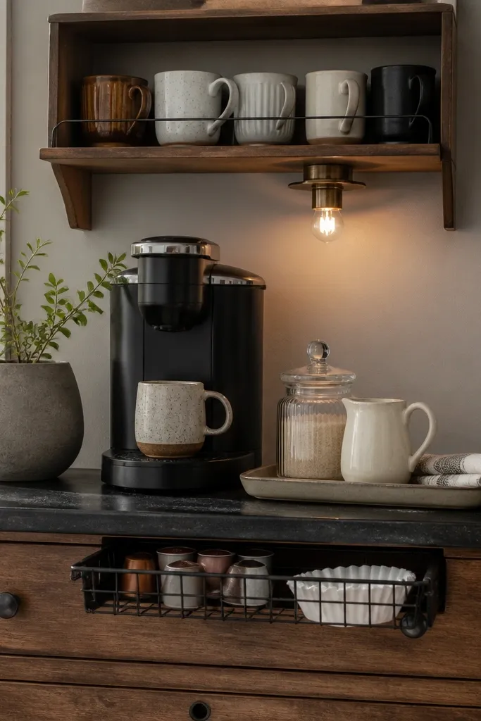 A countertop coffee setup on a dresser top. Above it, a small open shelf holds mugs. Under the shelf, a warm bulb light glows downward. A rolling wire basket slides out under the counter holds extra pods and filters. A glass jar for sugar and a ceramic creamer sit on a tray.