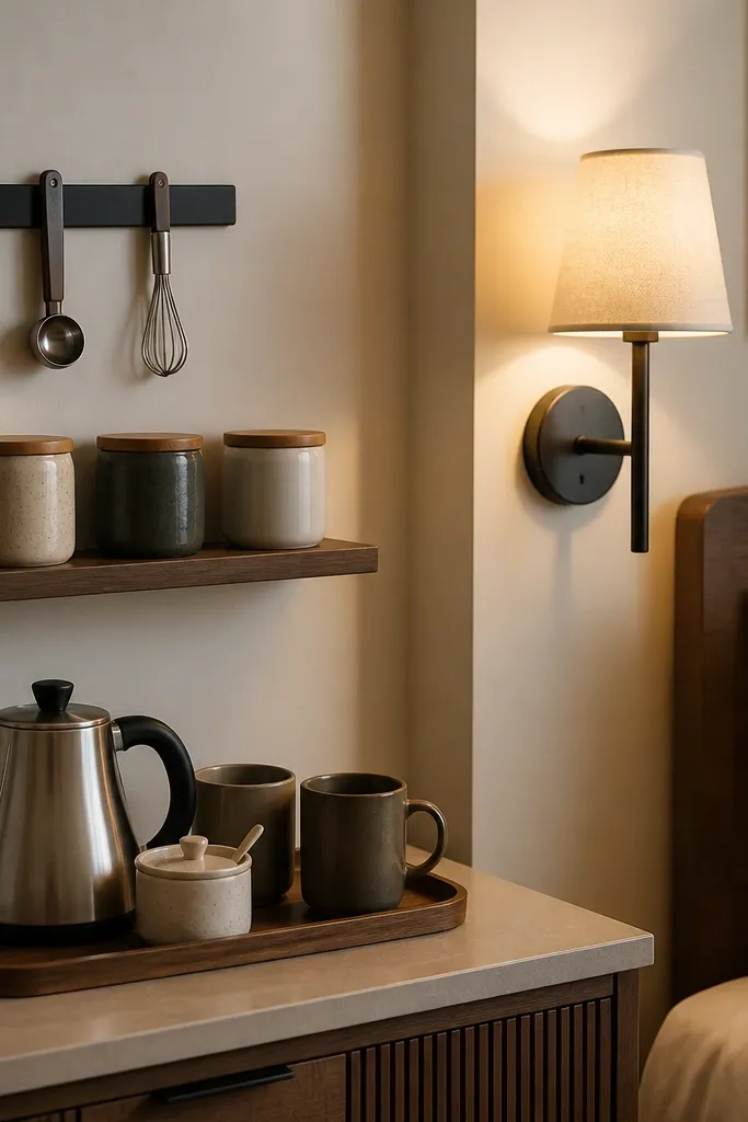 A magnetic strip mounted on the wall in a bedroom corner, holding a metal coffee scoop and a small whisk. Next to it is a wall sconce with a warm shade lighting the corner. A small countertop holds a tray with a kettle, two mugs, and a ceramic sugar dish. Under the magnetic strip is a narrow floating shelf with labeled canisters.