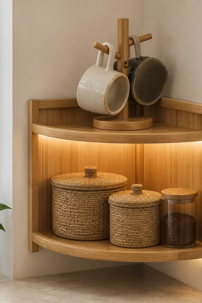 A bamboo corner shelf with two tiers and a curved shape. Warm LED rope light runs along the inner edge of the shelf. On the top tier sits a mug leaner holding two mugs at a slight angle. The bottom tier has two lidded woven bins and a small jar of instant coffee.