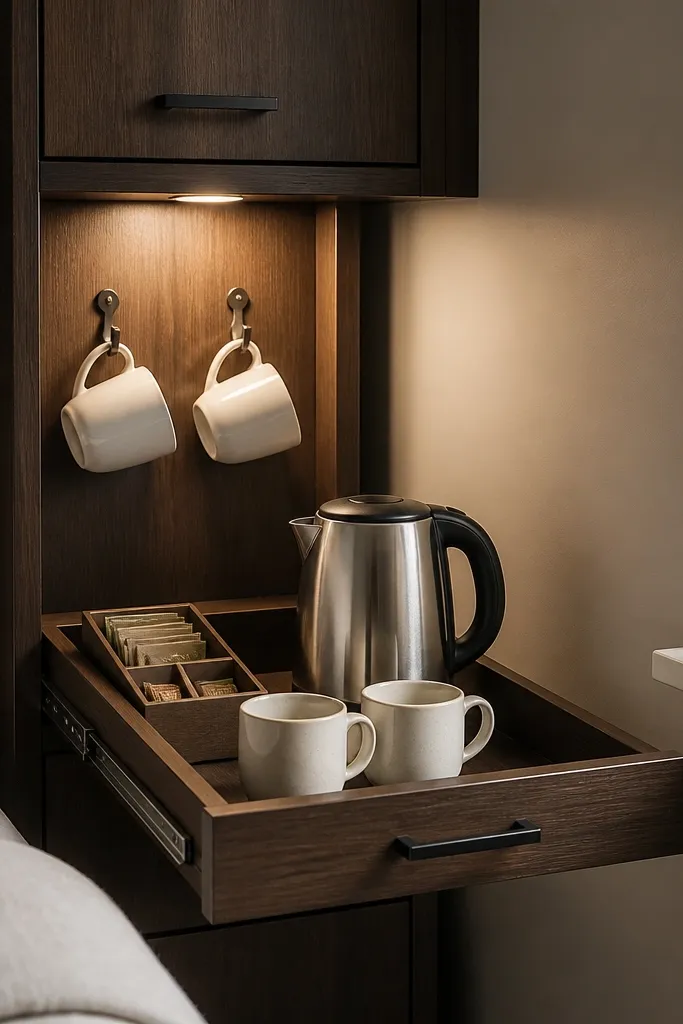 A narrow sliding tray installed on a nightstand top in a corner. The tray pulls out like a drawer holding a kettle, cups, and a small organizer. Above the tray area is a small LED cabinet light that turns on when the tray is open. Behind it, a vertical panel holds two hooks for mugs.