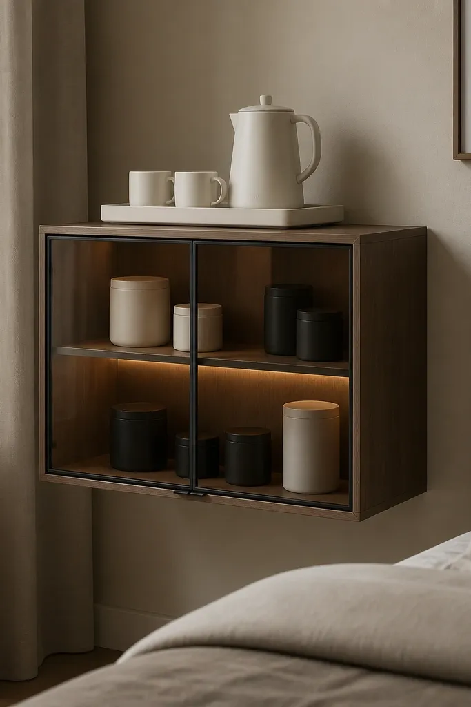 A small floating cabinet in a bedroom corner with glass doors. The inside shelf has a warm LED edge light. Monochrome jars in matte white and black sit inside, with labels facing outward. On top of the cabinet is a white tray with a kettle and two matching mugs.