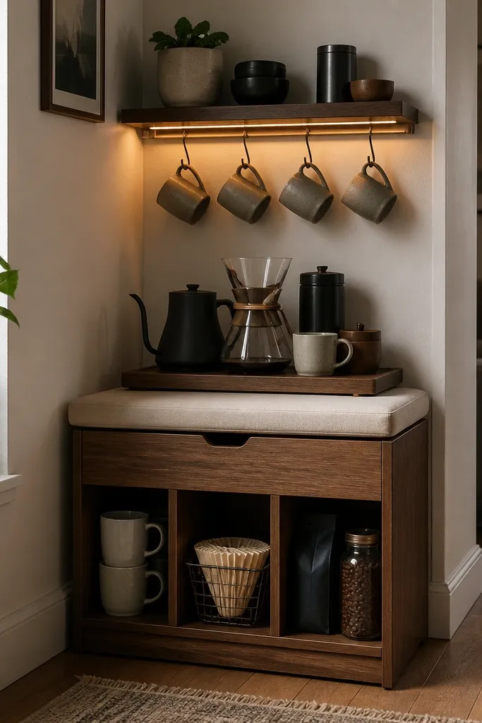 A small corner bench with a hinged seat. The top surface holds a coffee tray, and a narrow shelf above has mugs hanging from pegs. A warm LED strip runs along the underside of the top shelf. Under the seat, there are bins for extra cups, filters, and a backup bag of beans.