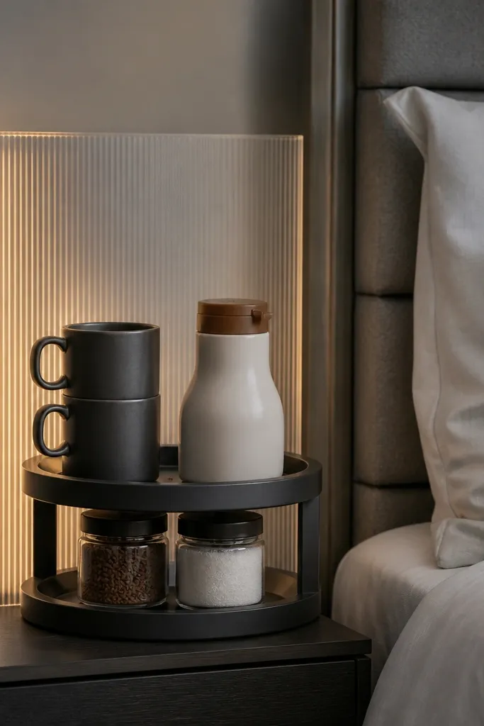 An acrylic divider stands in the corner to separate coffee from the rest of the nightstand. Behind it is a small LED backlight strip. A tiered tray sits in front holding a mug stack, a creamer bottle, and two small jars. The divider creates a clean boundary line, and the lighting glows through the acrylic.