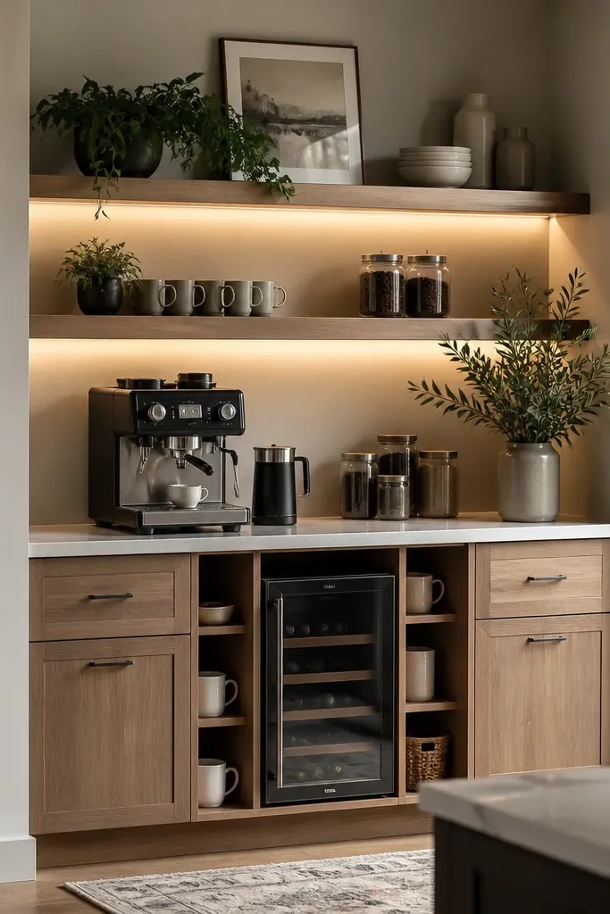 Coffee Corner Ideas with storage and lights