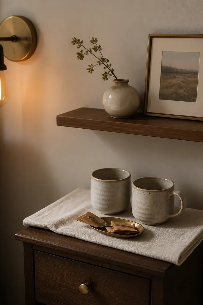 A small floating shelf above a narrow bedside table. Two stoneware mugs sit on a folded cream linen runner. A tiny brass tray holds a spoon and sugar packets. A warm amber bulb glows from a wall sconce to the left.