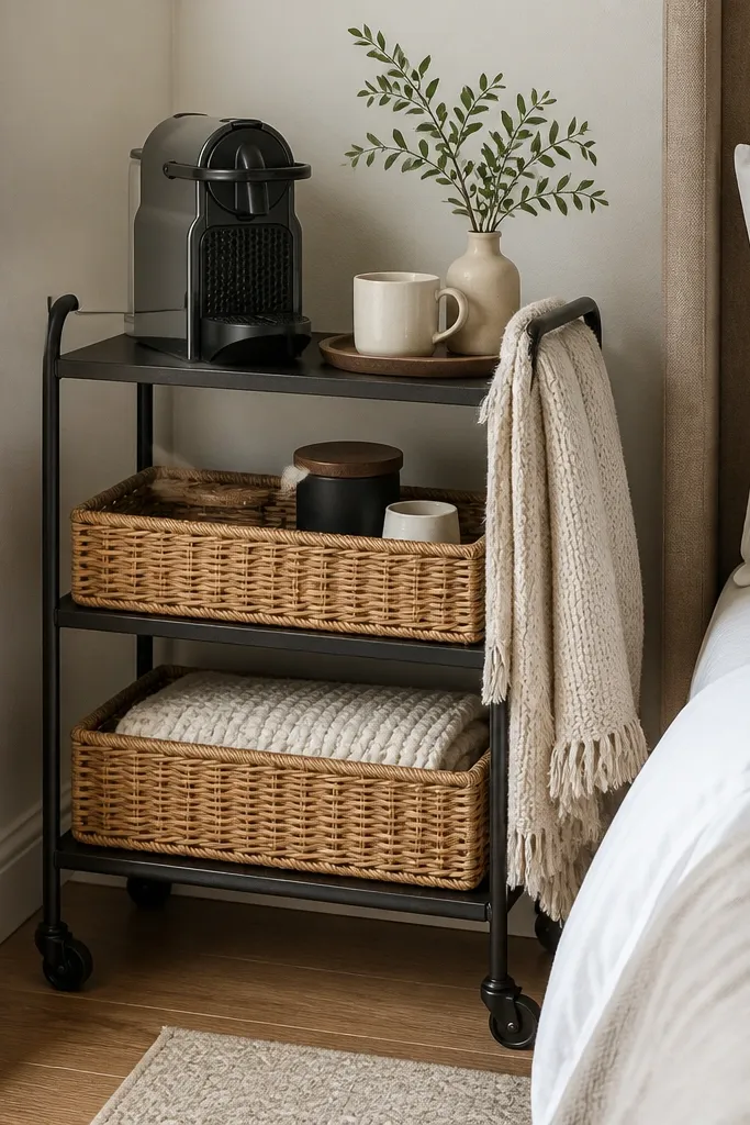 A slim rolling cart tucked into a bedroom corner. The top has a small coffee machine and a tray. Two woven baskets hang on the lower shelves. A knitted throw is draped over one cart side for texture.