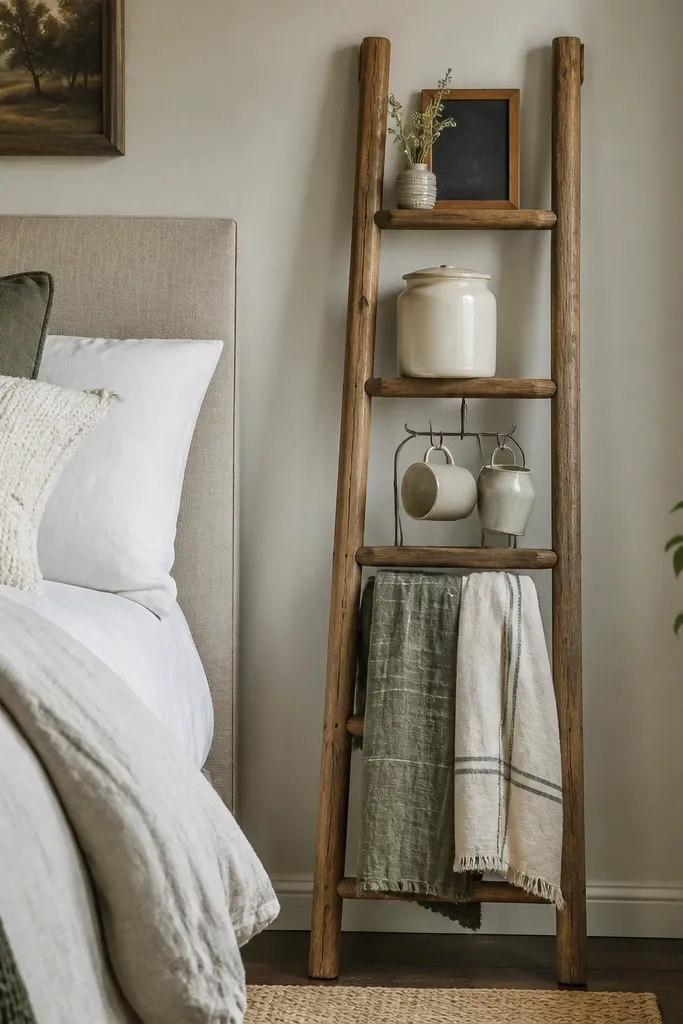 A small wooden ladder leaning against the wall near the bed. Two rungs hold a ceramic canister and a mug rack. Tea towels hang from lower rungs, and a tiny chalkboard sign sits on the top rung.
